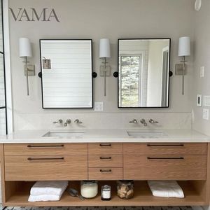VAMA custom כפול כיור יהירות עם עץ פורניר מגירות לבן קוורץ השיש backsplash - Product Image 1