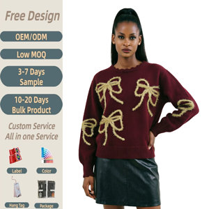 Elegante Maglione da <span class=keywords><strong>Donna</strong></span> <span class=keywords><strong>Bordeaux</strong></span> con Fiocco Dorato 3D Applicato, Ricamo e Collo a V Arricciato, Pullover Lavorato a <span class=keywords><strong>Maglia</strong></span> - Product Image 2
