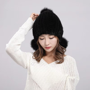 Chapeau d'hiver en fourrure de vison véritable pour femmes avec <span class=keywords><strong>pompon</strong></span> en fourrure de <span class=keywords><strong>renard</strong></span> argenté, <span class=keywords><strong>bonnet</strong></span> en tricot chaud doublé, chapeau d'hiver tendance pour femmes - Product Image 3