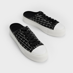 Mules à plateforme en tweed écossais sans talon, à lacets, décontractées, pour femmes, chaussures de tous les jours - Product Image 1