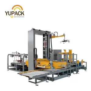 low-level push-type palletizer with empty-pallet stacker and a full-pallet evacuation and parking roller conveyor