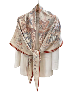 Écharpe châle longue réversible légère d'hiver en laine 70% et soie 30% de conception personnalisée, motif géométrique abstrait rouge, bleu, crème pour femmes - Product Image 1