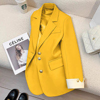 Blazer jaune uni pour femme, col cranté, boutons, poches, grande taille, printemps 2026, veste de costume décontractée et élégante, 100 % polyester