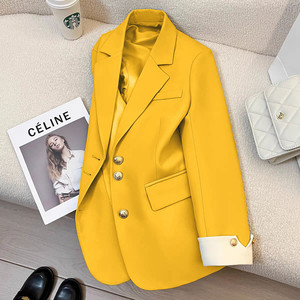 Blazer Amarillo para <span class=keywords><strong>Mujer</strong></span>, Cuello Solapa, Botones, Bolsillos, <span class=keywords><strong>Talla</strong></span> <span class=keywords><strong>Grande</strong></span>, Primavera 2026, <span class=keywords><strong>Chaqueta</strong></span> Casual Elegante, 100% Poliéster - Product Image 1