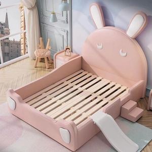 Cartoon <b>Pink</b> Bunny Guardrail <b>Slide</b> Bed 1.2 m Solid Wood Girls Princess Bedroom - Product Image 4