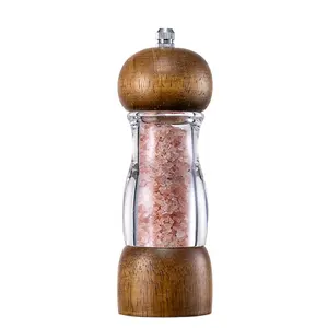 Moulin à épices manuel en bois de caoutchouc de 6,5 pouces, moulin à sel et à poivre réglable avec bouchon à bille en bois avec pot de bouteille en acrylique transparent, nouveauté 2023