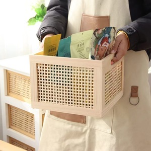 Japanese Retro Style Solid Wood Bamboo Woven Storage Basket Rectangle Living Room <b>Desktop</b> Organizer Book Snack Storage Box - Product Image 1