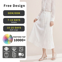 Jupe longue maxi en lin blanc pour femme, broderie florale ton sur ton, taille élastique avec cordon de serrage, coupe évasée fluide