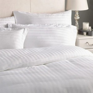 Hotel Quality 300TC <strong>White</strong> 100% Cotton Bedding Set 3cm Stripe Duvet Cover <strong>Fitted</strong> Bed <strong>Sheet</strong> for Hotels Hospitals Inns Villas - Product Image 1