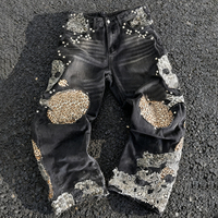 Jeans unisexe décontracté d'automne, effet vieilli, patchwork léopard et tête de mort, streetwear, coupe oversize, avec boutons, fermetures éclair et clous décoratifs