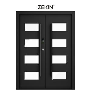 Porte d'entrée de luxe ZEKIN DOOR, design chinois moderne, bois massif, acier inoxydable, verre, à battants, pour maison, bureau, hôtel, villa - Product Image 6