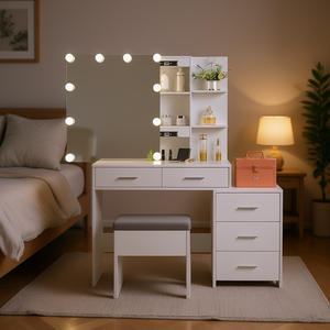 DB FCH Juego de tocador de maquillaje blanco con espejo iluminado, 5 bombillas, 2 estantes, muebles de dormitorio de diseño moderno - Product Image 2