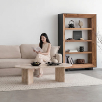 Table basse rectangulaire en bois de style nordique minimaliste moderne, finition beige effet pierre, table basse aspect travertin