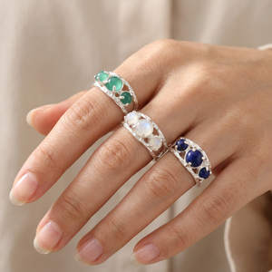Natural Lapis Lazuli Moonstone Green Onyx <b>Silver</b> Plated Brass <b>Rings</b> Designer <b>Boho</b> Style Women's Fashion Jewelry Statement <b>Rings</b> - Product Image 1
