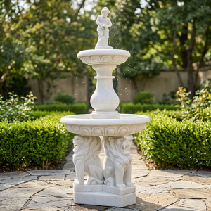 Fuente de piedra natural tallada de gran altura, fuente de jardín contemporánea de mármol, estatua escultural de leones para patio, 1 año de garantía - Product Image 3