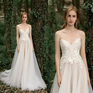 Champagne A-Line Tulle Wedding Dress Sweetheart Neckline Straps Natural Waistline Simple Forest Inspired Design - Product Image 2