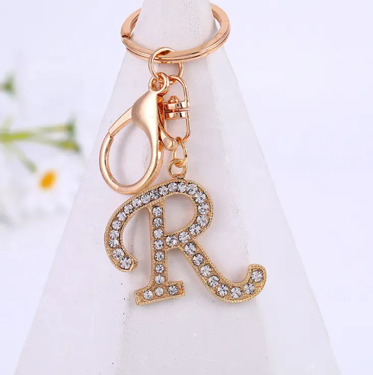 Rose Gold Plated Alloy Car Keychain with Crystal Rhinestone Alphabet Initial Letter Keychain