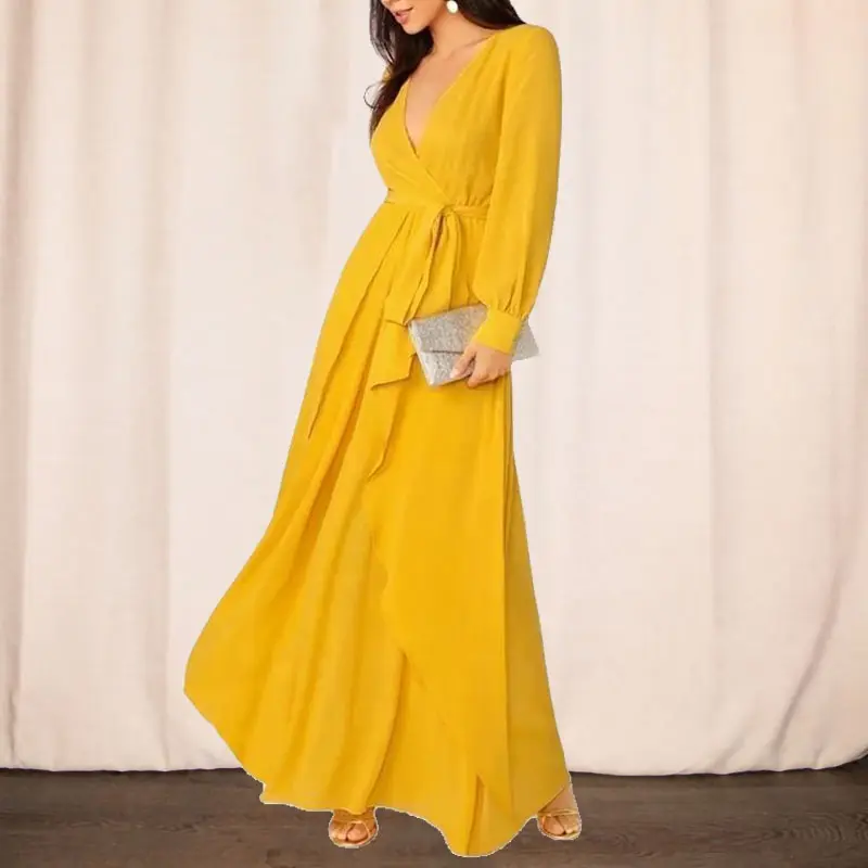 2023 Fashion Custom Lady Chiffon Ruffle Maxi Vestidos Women Elegant Summer Casual Long Linen Dresses