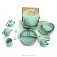 Ensemble d'alimentation moderne en silicone pour bébé avec bavoir, bol à ventouse, assiette et couverts, certifié LFGB, couleur et logo personnalisables pour la diversification alimentaire