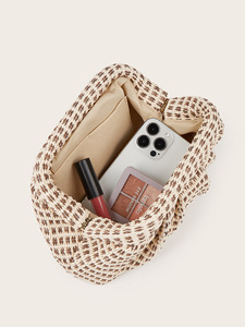 Checkered <b>Straw</b> Woven Cloud Clutch <b>Bag</b> Simple Ruched Vacation Beach Handbag Convertible Chain Crossbody <b>Bag</b> For Women - Product Image 2