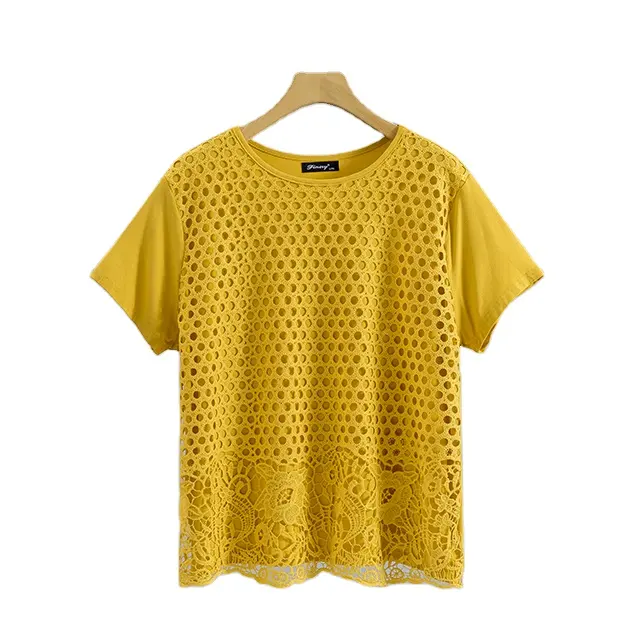 Factory sale yellow Lace Fabric Hollow Out design Cotton T-shirt for Women Crochet Flower Top