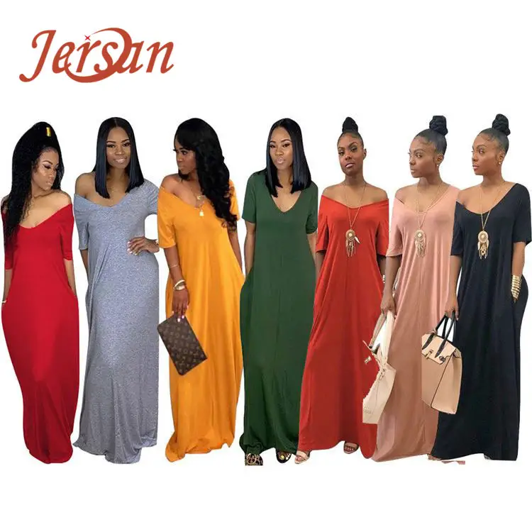 Custom Drop Shipping Sexy Fashion Solid Color V Neck Woman Solid Casual Loose Long Maxi Dress Kleid Une robe jurk Clothes