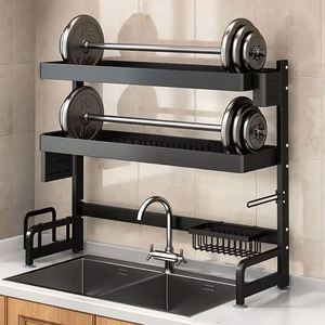 Double Tier Carbon Steel Telescopic Dish Rack for Kitchen and Bathroom Sink Drain Bowl Holder with Storage for Food Utensils - Product Image 1