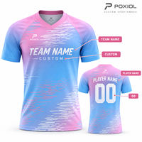 Maillot de football personnalisé OEM – Usine de fabrication de maillots de football par sublimation rose et bleu, col en V, pour club, match, entraînement, tenue d'équipe – Vente en gros pour hommes et femmes