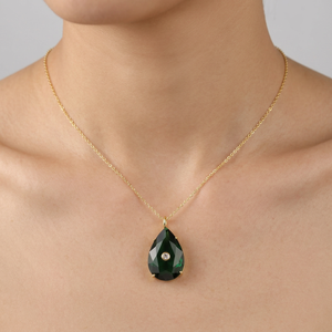 Collar con Colgante de Cuarzo Hidrotermal en Forma de Lágrima con Corte Checker, Incrustaciones de Circonita Cúbica, Cadena de Latón Chapado en Oro de 18k, Joyería Unisex - Product Image 2