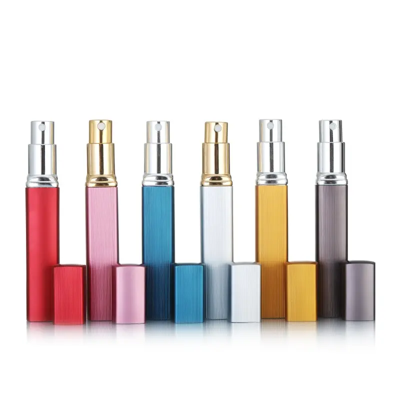 Hete Verkoop Geschenkdoos Miniatuur Vierkant Reizen Bijvullen Fancy Merk Logo Aanpassen Kleine Aluminium Parfum Fles Met Spray