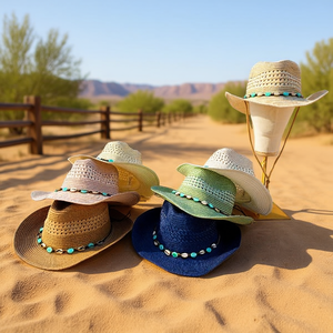 Sombrero de Vaquero con Adornos Turquesa Calados para Uso en Exteriores de Verano - Product Image 2