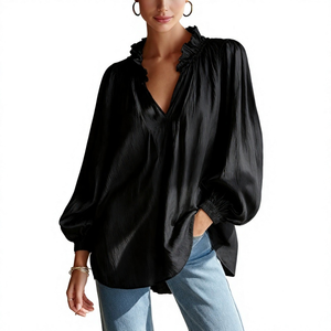 Blusa informal holgada con volantes, cuello en V, manga larga abullonada y transpirable para mujer, recién llegada. - Product Image 3