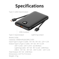 Batterie externe à prix d'usine 10000 mAh, charge rapide PD20W avec câbles intégrés
