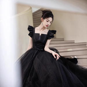 Black Ball Gown Square Collar Empire Waist Tulle Skirt Ruffles Elegant Evening Dress For Art Exam Coming Of Age Ceremony - Product Image 5