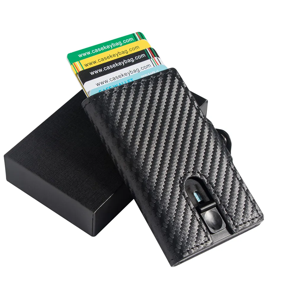 Casekey PU Leder Schlank Minimalistischen Carbon Fiber Brieftasche Mode Für Männer Metall RFID Sperrung Karte Halter