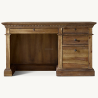 Bureau de direction vintage américain en bois massif avec moulures dentelées, grande table d'écriture et d'ordinateur de style architectural