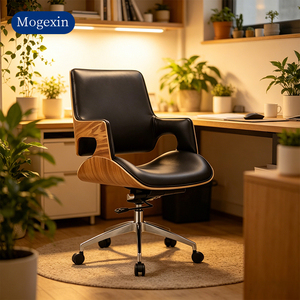 Silla Ejecutiva de Cuero PU Estilo Mediados de Siglo, Silla de Escritorio Giratoria Ajustable con Base de Metal, Silla de Oficina con Reposabrazos de Madera - Product Image 3