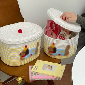 Woven Cotton Storage <b>Basket</b> With Lid Round Handmade For Household Organization Large Capacity 100% Cotton - Product Image 1