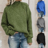 Pull col roulé en maille torsadée pour femme, automne-hiver, manches longues, fibre acrylique, coupe décontractée, style anglais, couleur unie