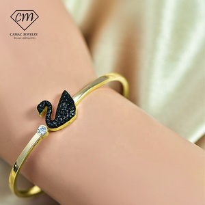 Pulseras redondas de acero inoxidable de circón CAMAZ, brazalete de pareja en blanco dorado, joyería - Product Image 5