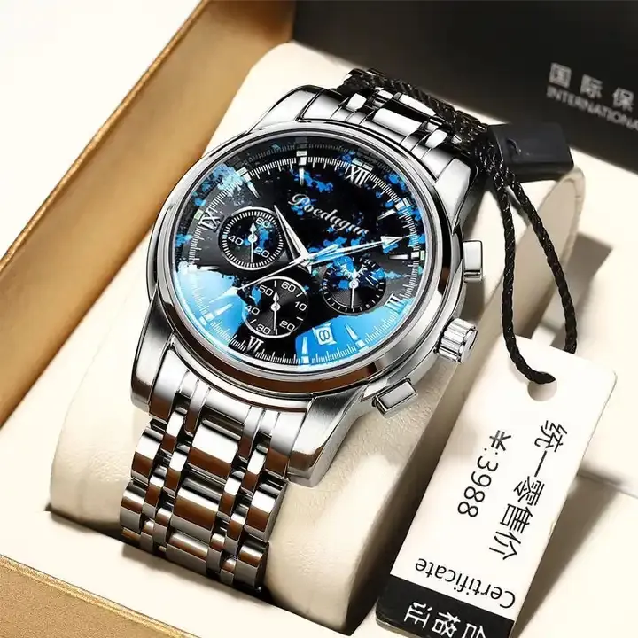 Poedagar Horloge Voor Mannen 8058 Nieuwe Waterdichte Lichtgevende Multifunctionele Quart Horloges Mannen Hot Verkopen Roestvrij Staal Zilver Blauw Pols