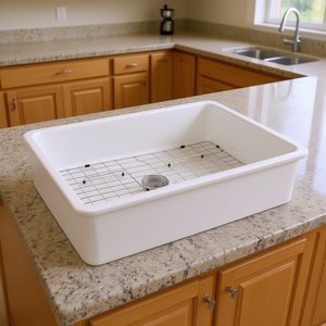 Évier de cuisine en céramique blanche, simple bac, rectangulaire, 32 pouces, à poser sous plan, cuve profonde, finition mate - Product Image 2