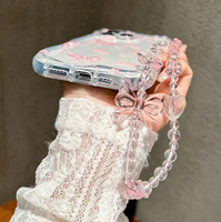 Coque de téléphone portable en TPU avec motif de cerise rose à nœud papillon et bracelet, bord ondulé de crème glacée pour iPhone 11 12 13 14 15 16 17 Air