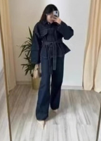 R-568 Tenues pour femmes du Moyen-Orient, ensemble élégant veste en jean à simple boutonnage et pantalon, poches, jean droit, ceinture vintage, Ramadan