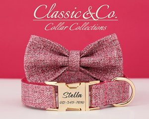 Ensemble de laisse de noeud papillon de collier de chien personnalisé en tweed rose vif, boucle en métal de nom d'animal de compagnie gravée personnalisée, cadeau d'anniversaire de chiot lilas, GRATUIT - Product Image 2