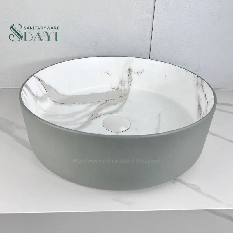 SDAYI Ceramic washbasin lavabo grey and white marble unique countertop face bathroom hand wash basin art sink