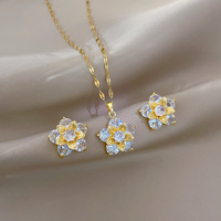 Branche d'or Jade Feuille Fleur Zircon Acier Inoxydable Plaqué Or Pendentif Collier Boucles D'oreilles Ensemble Unisexe Style Tendance