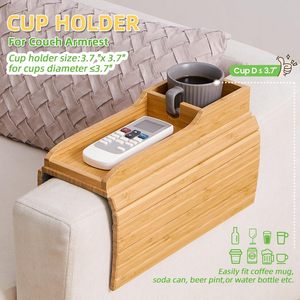 New Arrival Custom Eco-friendly Single Tier Foldable Carved Bamboo <b>Sofa</b> <b>Arm</b> <b>Tray</b> Cup Holder Coaster Modern for Living Room - Product Image 2