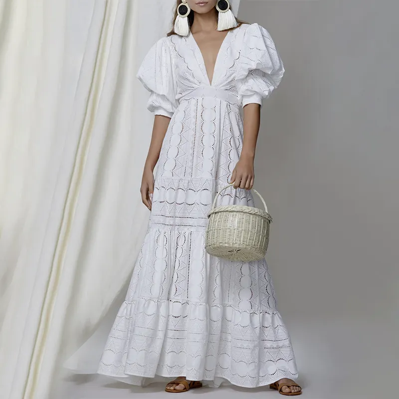 Vestido de lino personalizado Elegante manga abullonada Botón Cuello en V Maxi Vestidos coreanos Vestido vintage de verano blanco