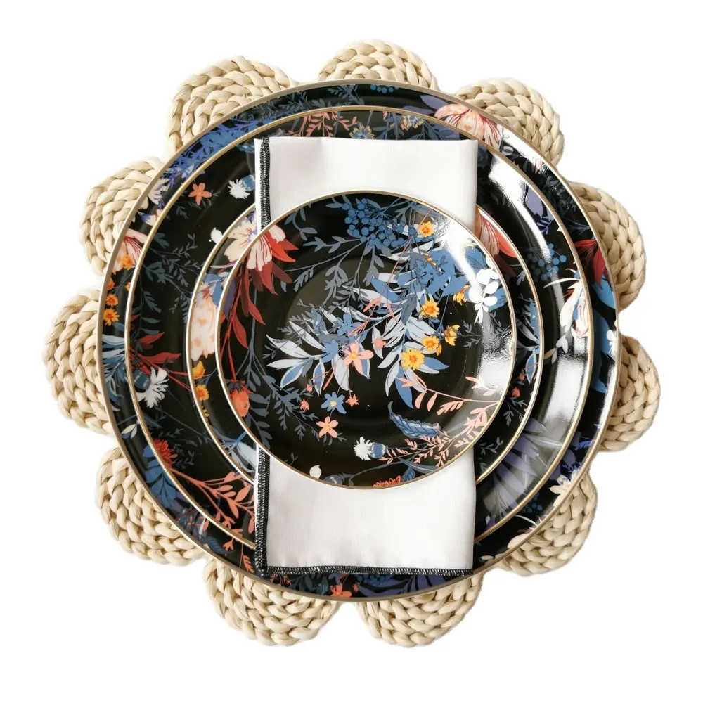 Neues Design schwarz Blumen Keramik feine Bone China Teller setzt Geschirr Goldrand Hochzeit Porzellan teller